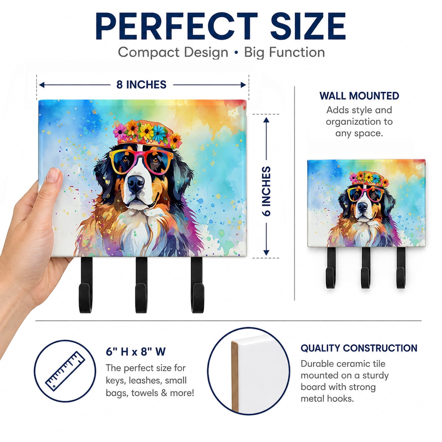 Bernese Mountain Dog Hippie Dawg Leash or Key Holder Wall Hooks, Coat Rack Wall Mount, for Hanging Keys, Towels, Aprons, Leashes