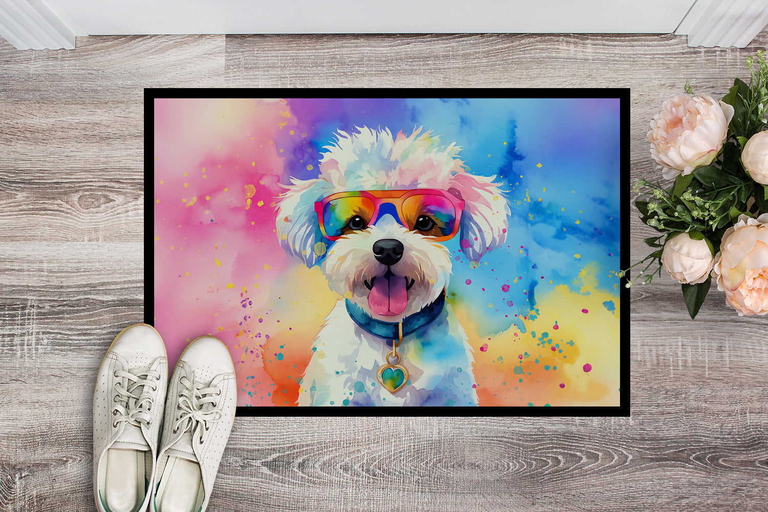 Bichon Frise Hippie Dawg Doormat Indoor Outdoor 18H X 27W Front Door Mat Rugs for Entryway, Non Slip Washable
