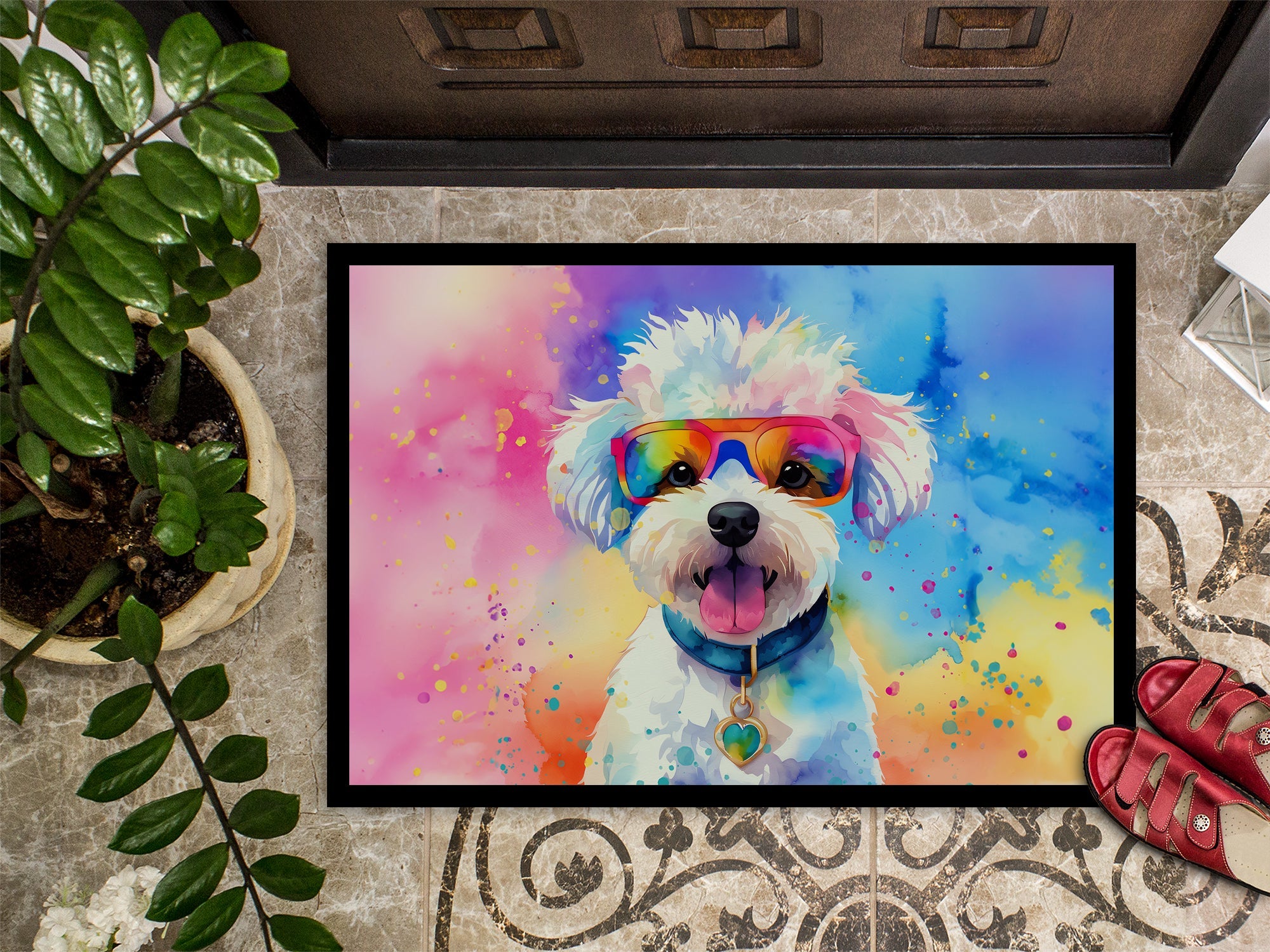 Bichon Frise Hippie Dawg Doormat Indoor Outdoor 18H X 27W Front Door Mat Rugs for Entryway, Non Slip Washable