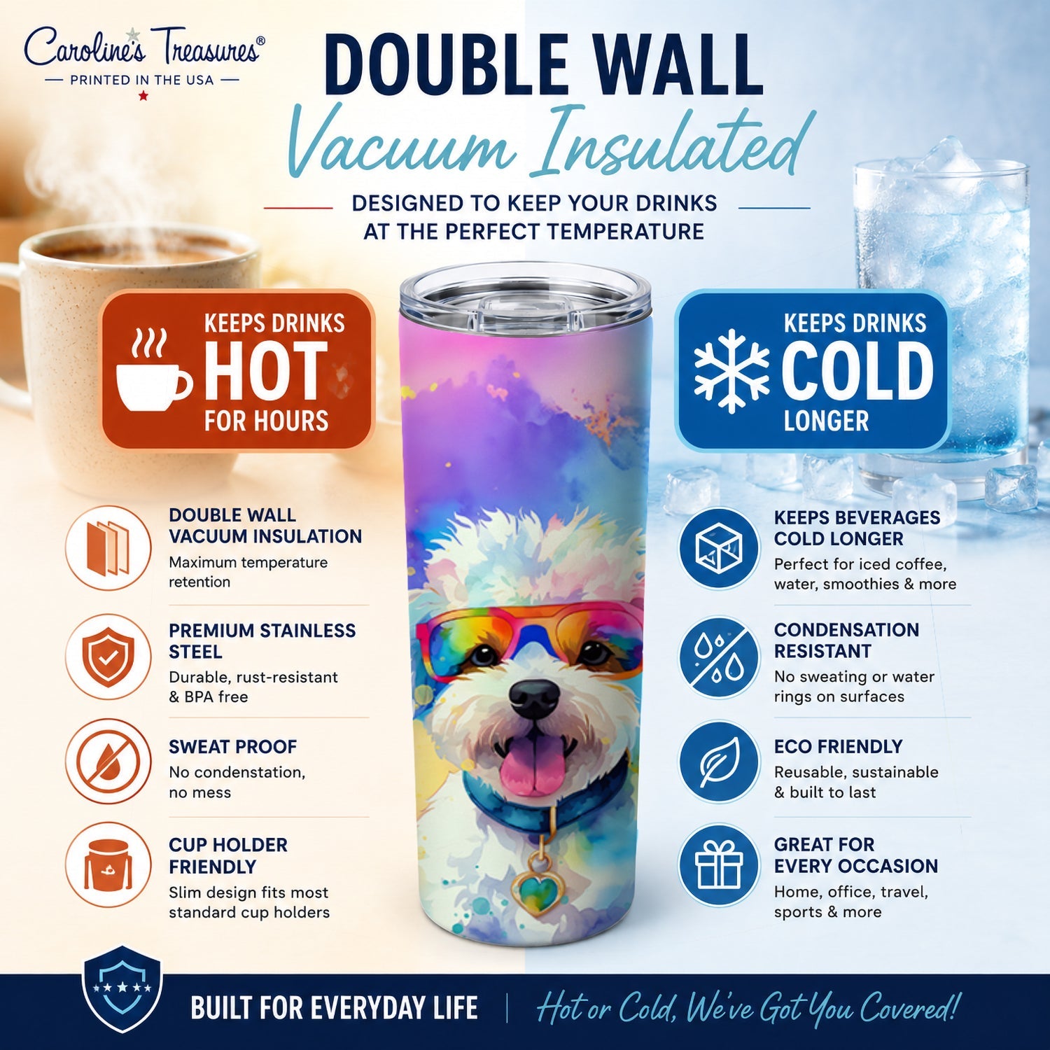 Bichon Frise Hippie Dawg Stainless Steel Skinny Tumbler 20 oz Vacuum Double Walled Reusable Insulated Travel Cup
