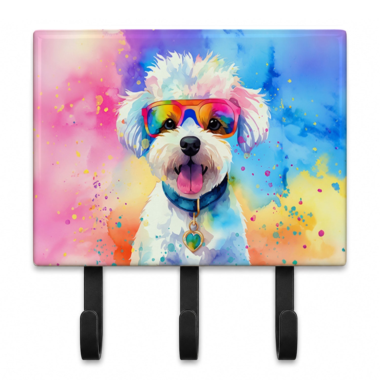 Bichon Frise Hippie Dawg Leash or Key Holder Wall Hooks, Coat Rack Wall Mount, for Hanging Keys, Towels, Aprons, Leashes