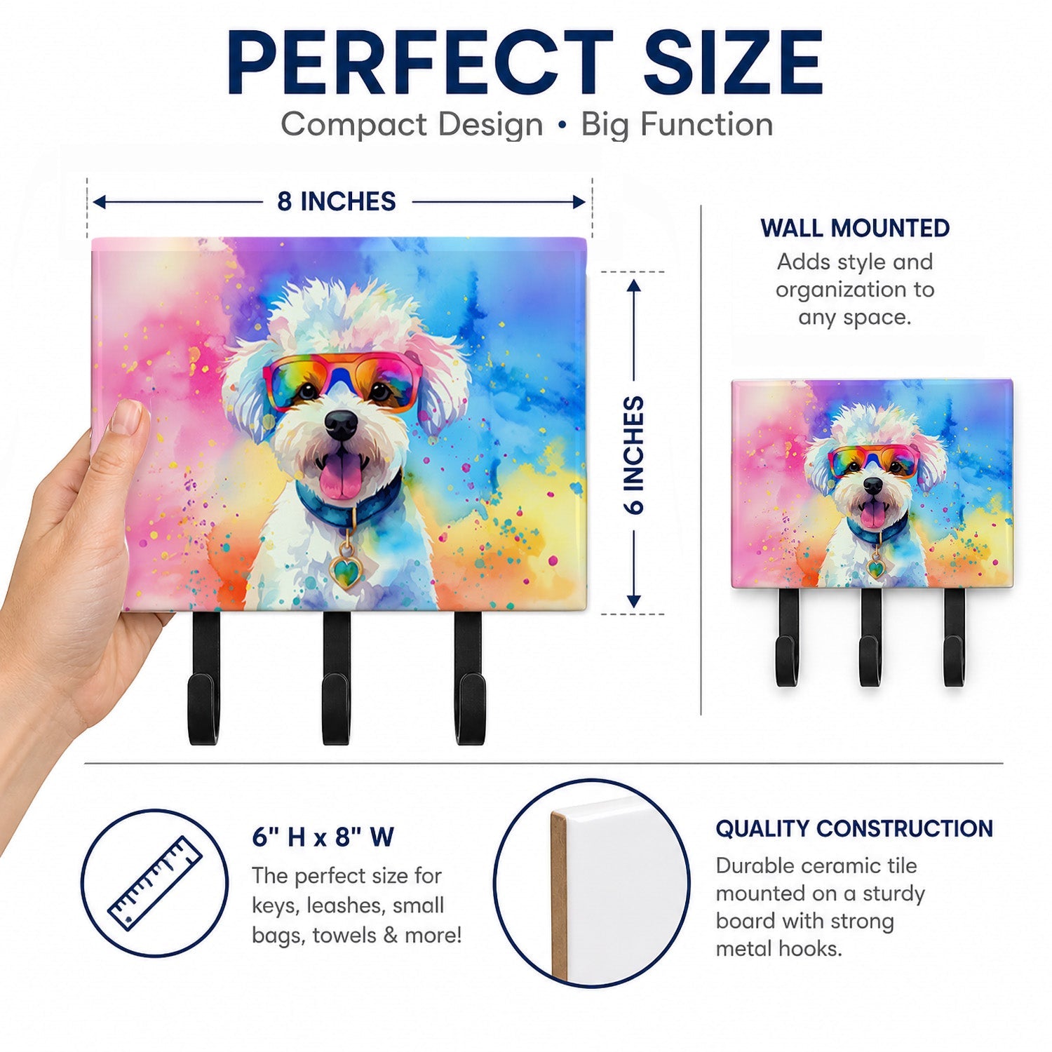 Bichon Frise Hippie Dawg Leash or Key Holder Wall Hooks, Coat Rack Wall Mount, for Hanging Keys, Towels, Aprons, Leashes