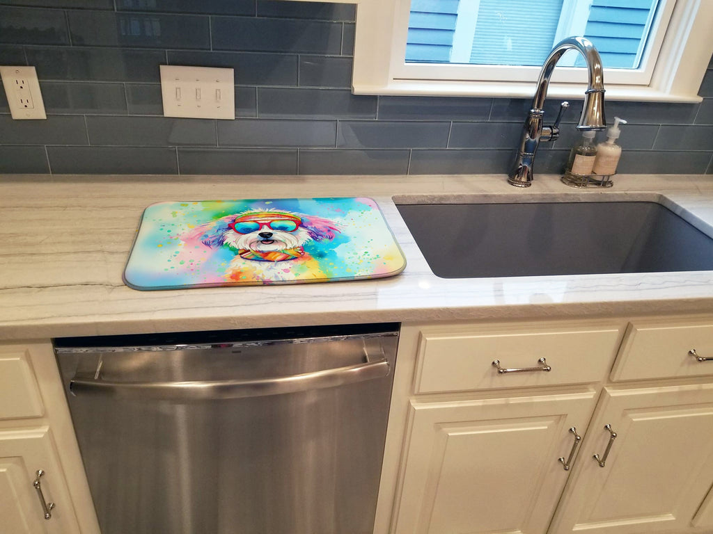 Bichon Frise Hippie Dawg Dish Drying Mat Absorbent Dish Drying Mat Pad for Kitchen Counter Dish Drainer Mat for Countertop, 14 x 21", Multicolor