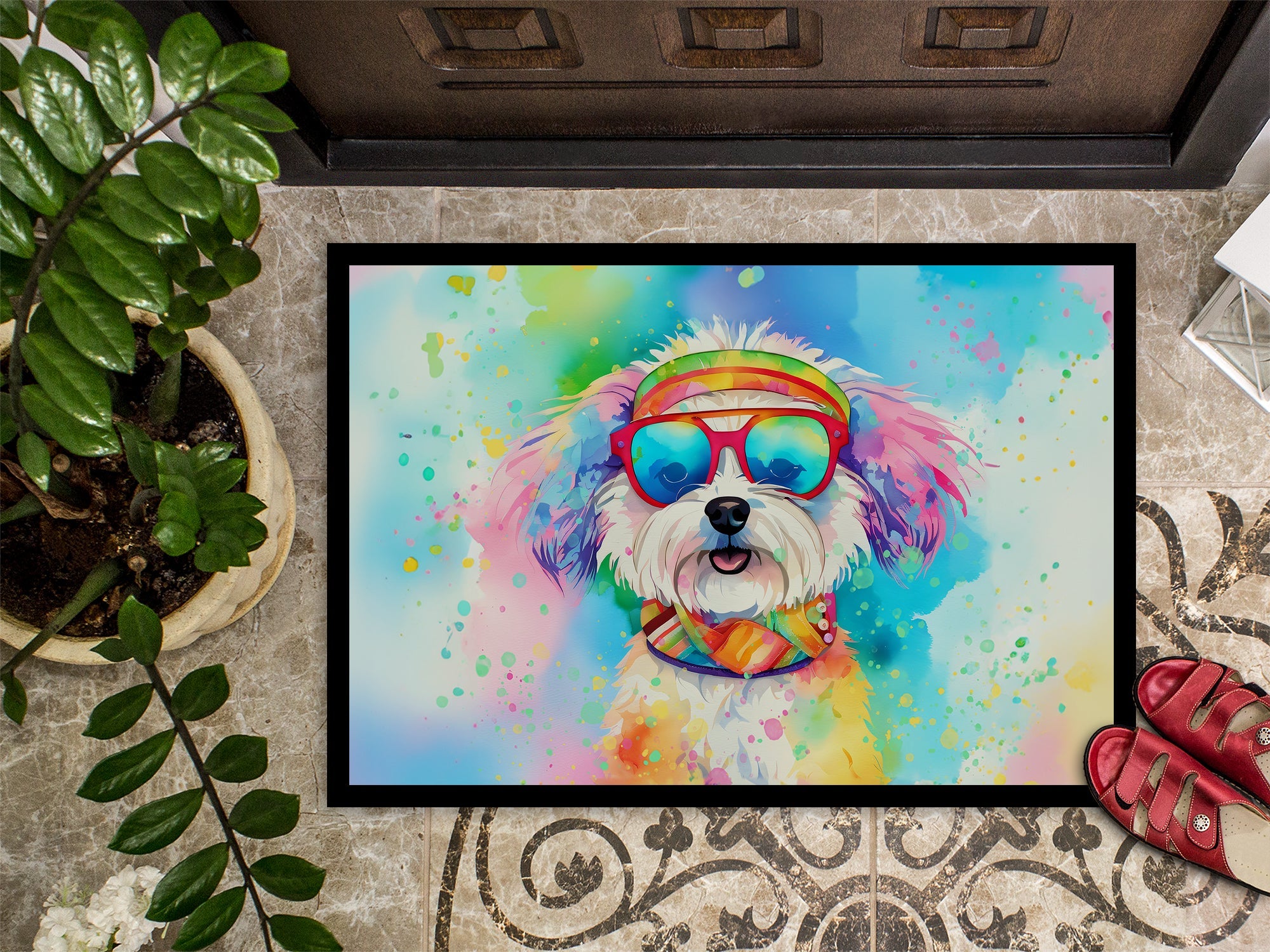 Bichon Frise Hippie Dawg Doormat Indoor Outdoor 24H X 36W Front Door Mat Rugs for Entryway, Non Slip Washable Low Pile,