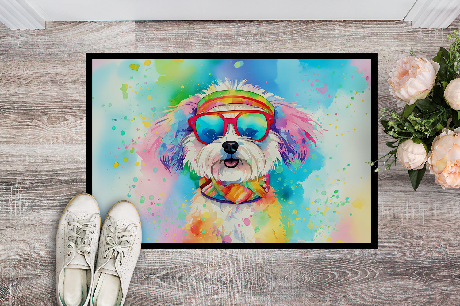 Bichon Frise Hippie Dawg Doormat Indoor Outdoor 18H X 27W Front Door Mat Rugs for Entryway, Non Slip Washable