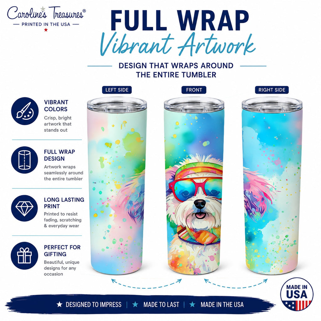 Bichon Frise Hippie Dawg Stainless Steel Skinny Tumbler 20 oz Vacuum Double Walled Reusable Insulated Travel Cup