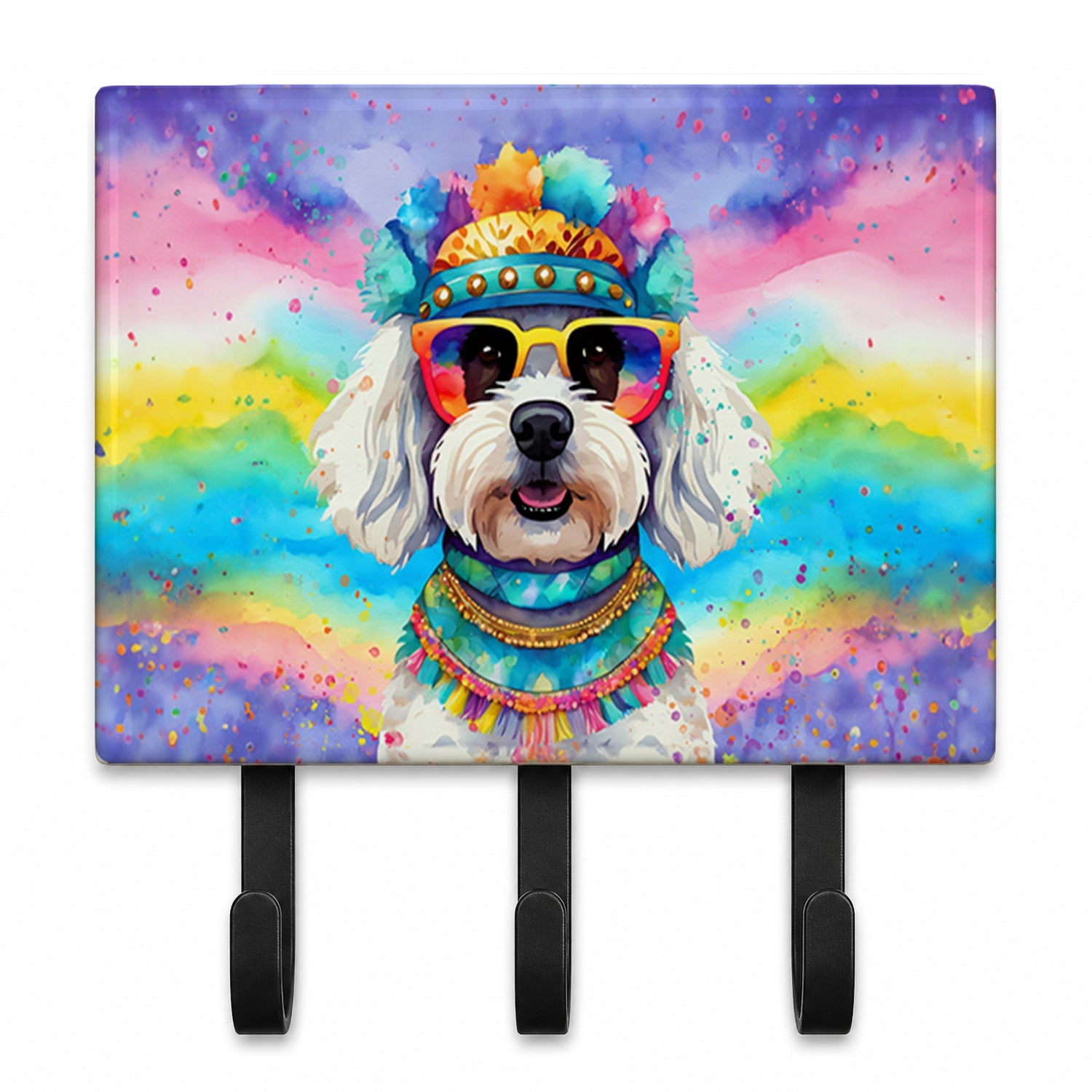 Bichon Frise Hippie Dawg Leash or Key Holder Wall Hooks, Coat Rack Wall Mount, for Hanging Keys, Towels, Aprons, Leashes