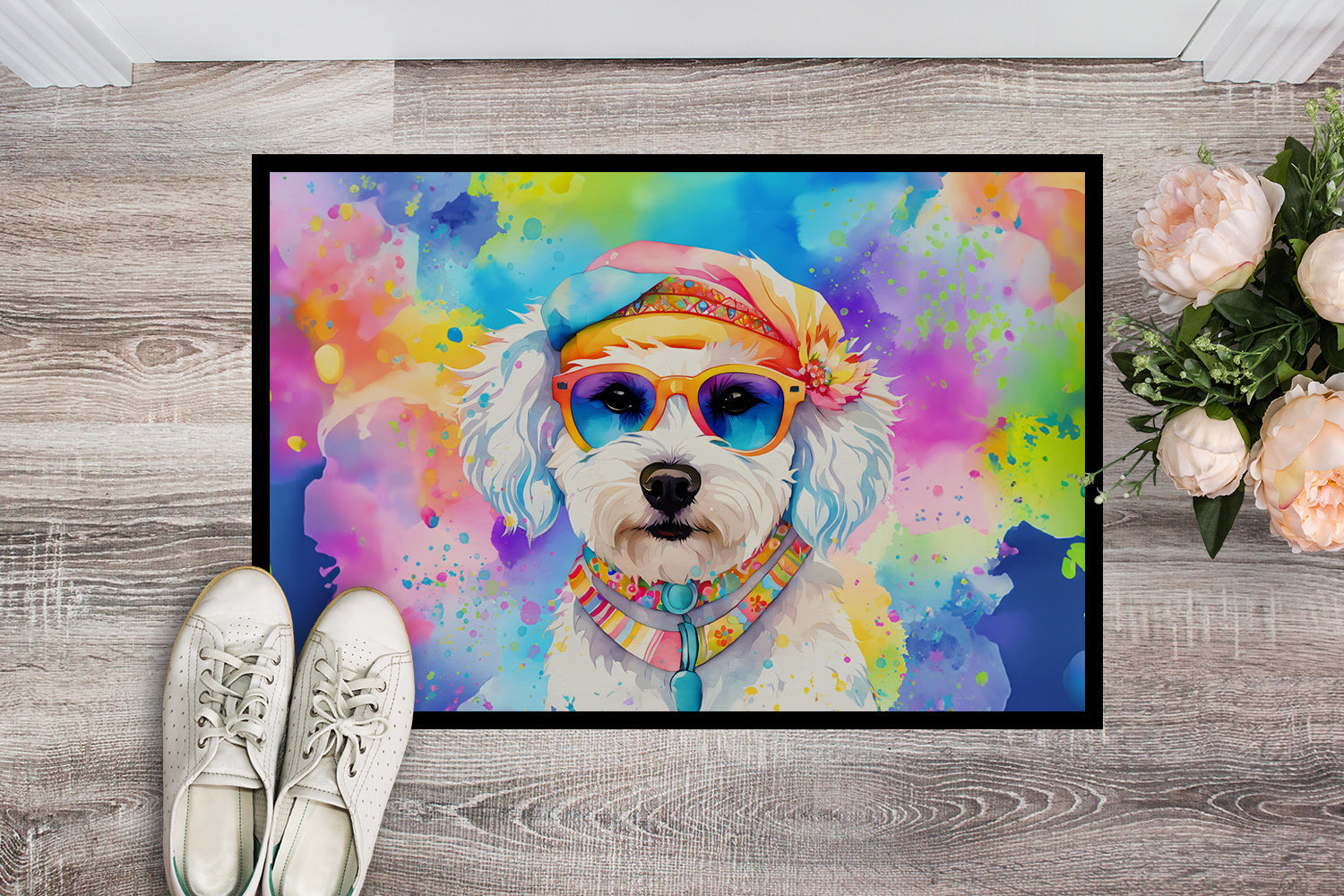 Bichon Frise Hippie Dawg Doormat Indoor Outdoor 18H X 27W Front Door Mat Rugs for Entryway, Non Slip Washable