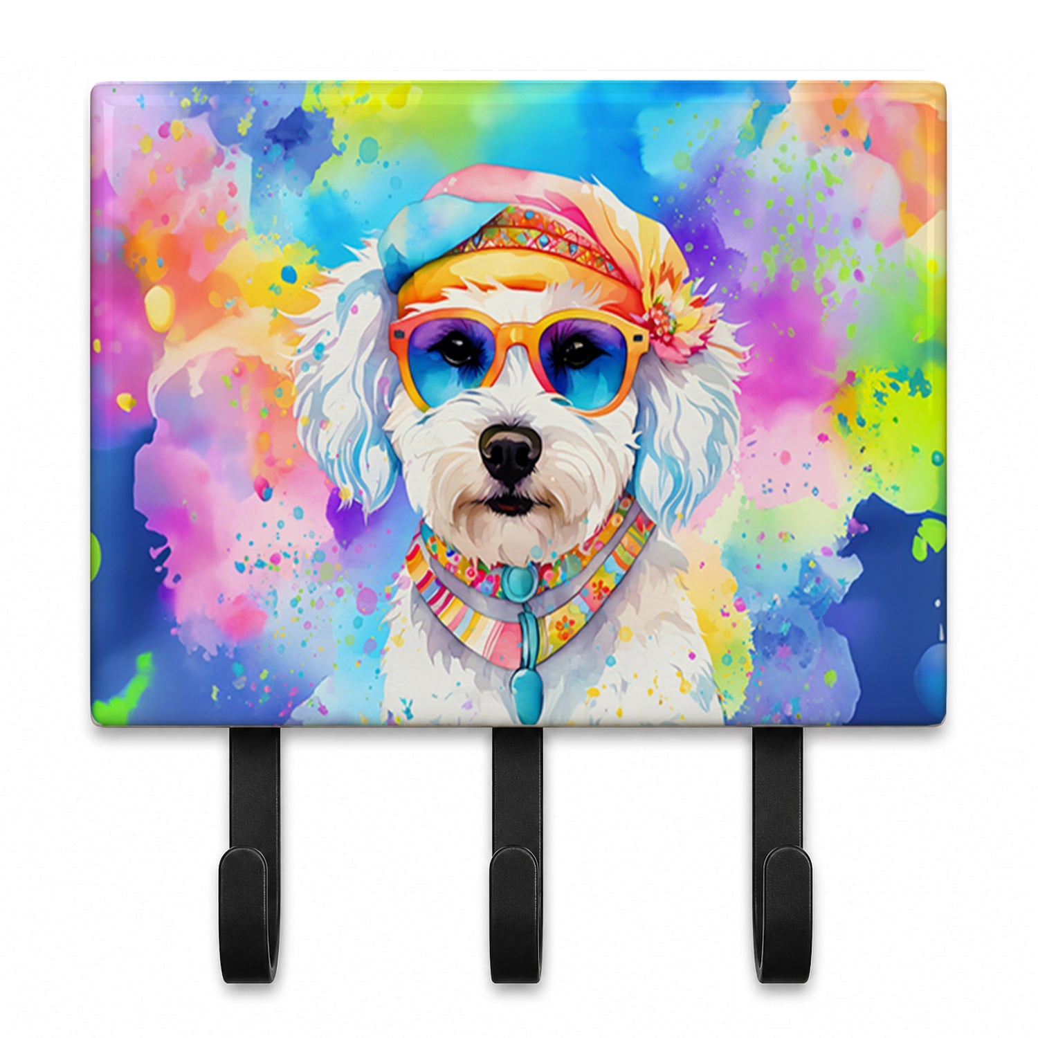 Bichon Frise Hippie Dawg Leash or Key Holder Wall Hooks, Coat Rack Wall Mount, for Hanging Keys, Towels, Aprons, Leashes