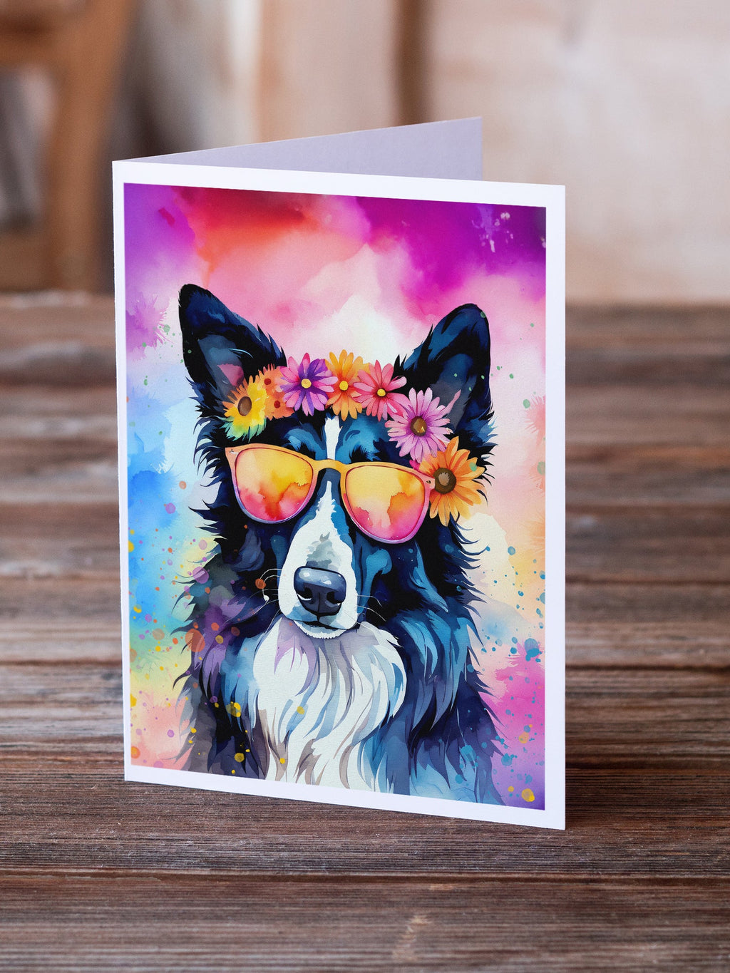Border Collie Hippie Dawg Greeting Cards Pack of 8 Blank Cards with Envelopes Whimsical A7 Size 5x7