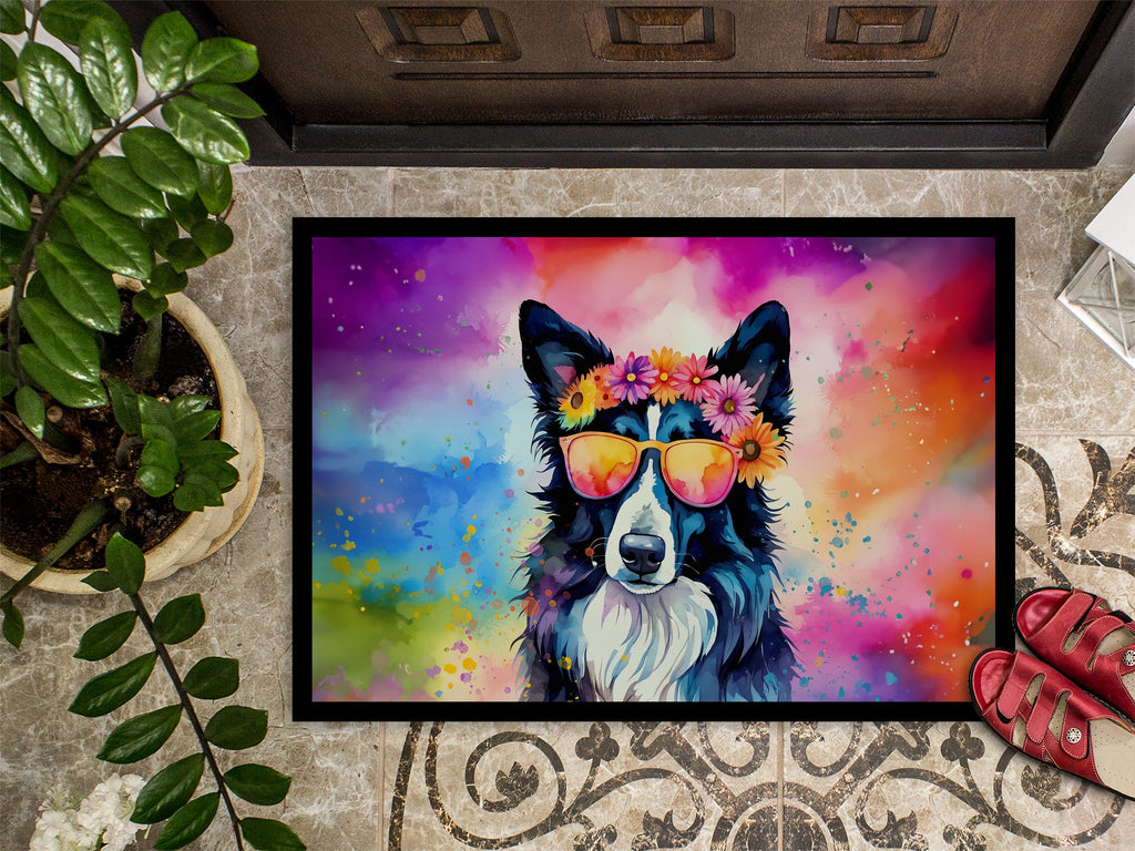 Border Collie Hippie Dawg Doormat Indoor Outdoor 18H X 27W Front Door Mat Rugs for Entryway, Non Slip Washable