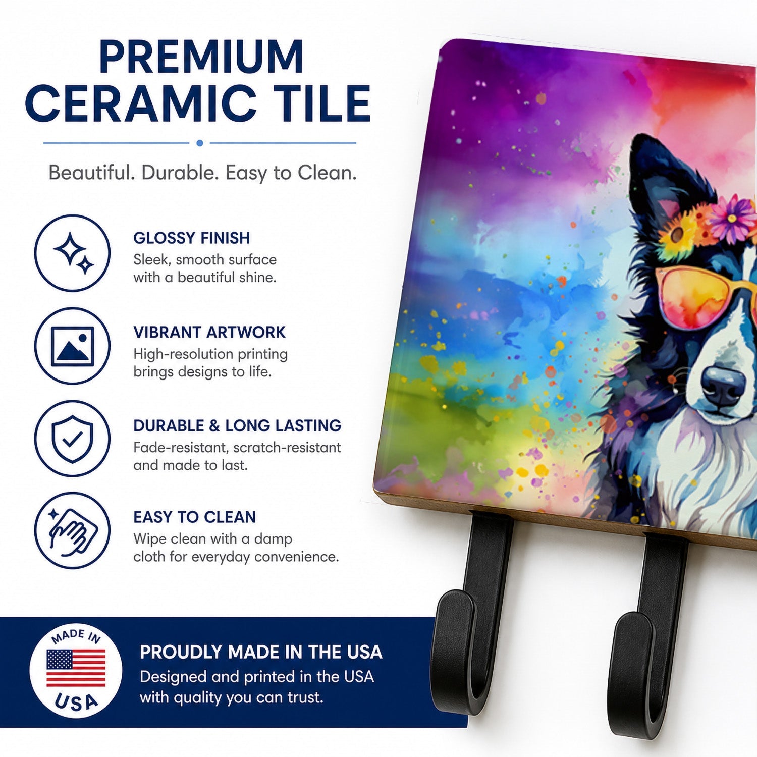 Border Collie Hippie Dawg Leash or Key Holder Wall Hooks, Coat Rack Wall Mount, for Hanging Keys, Towels, Aprons, Leashes
