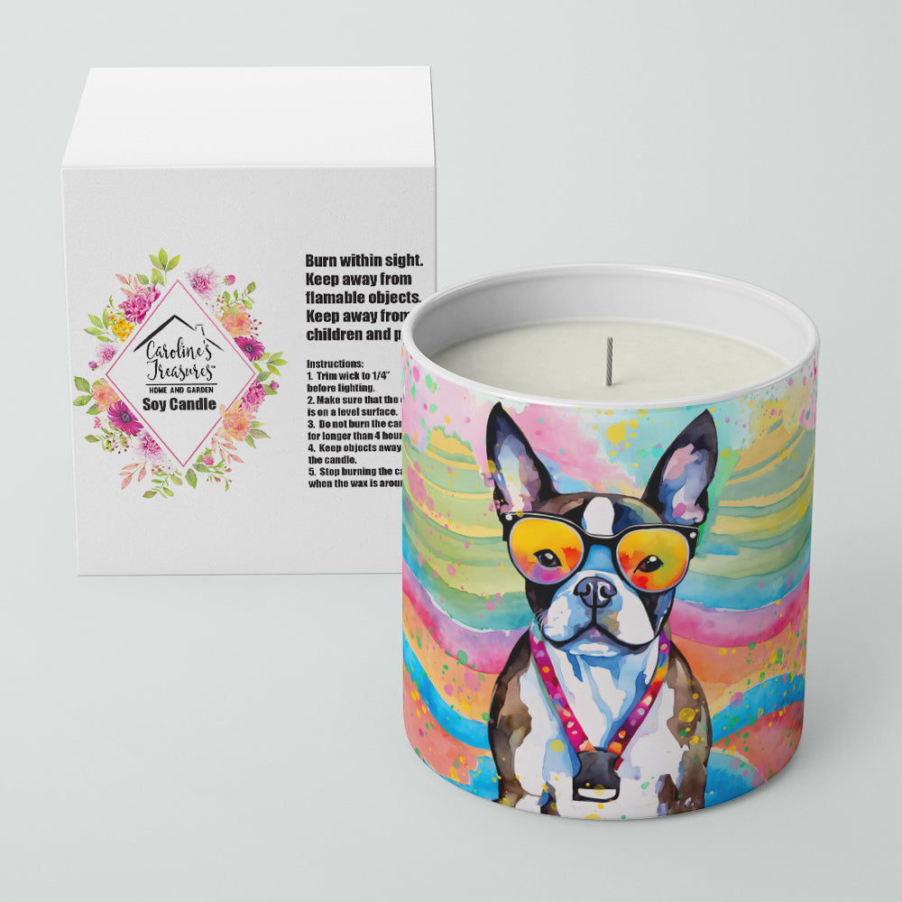 Boston Terrier Hippie Dawg Decorative Soy Candle Nature Soy Wax Essential Oil Home Decor Ideal for Bedroom Kitchen Bath Office Gift, 10 oz