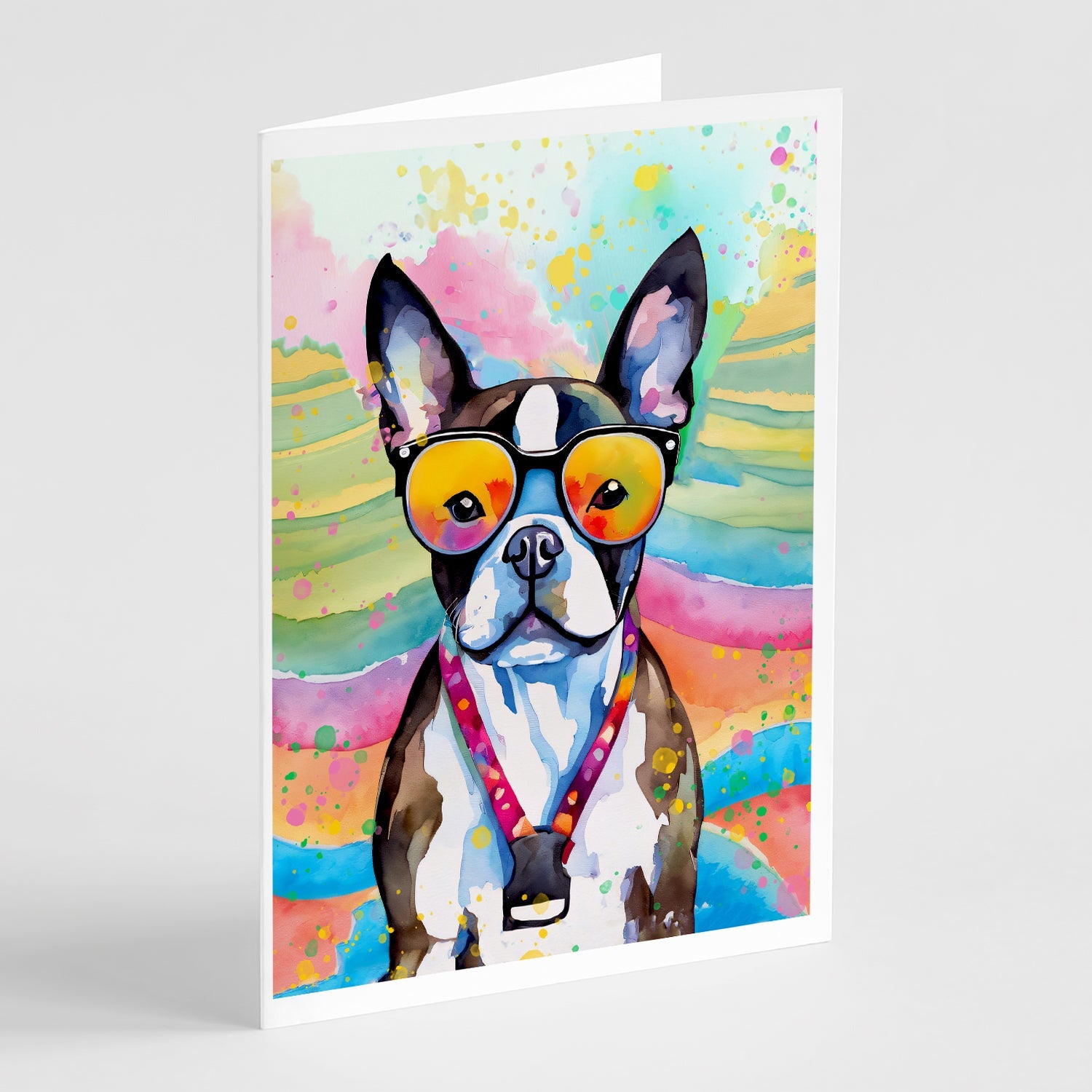 Boston Terrier Hippie Dawg Greeting Cards Pack of 8 Blank Cards with Envelopes Whimsical A7 Size 5x7