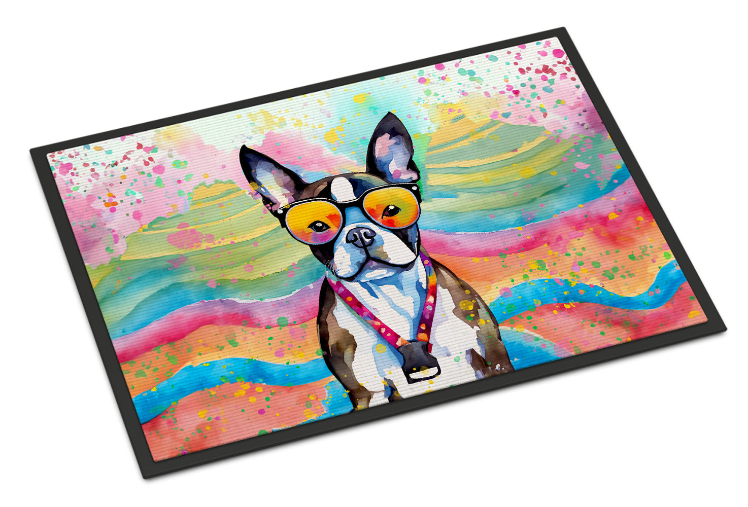 Boston Terrier Hippie Dawg Doormat Indoor Outdoor 24H X 36W Front Door Mat Rugs for Entryway, Non Slip Washable Low Pile,