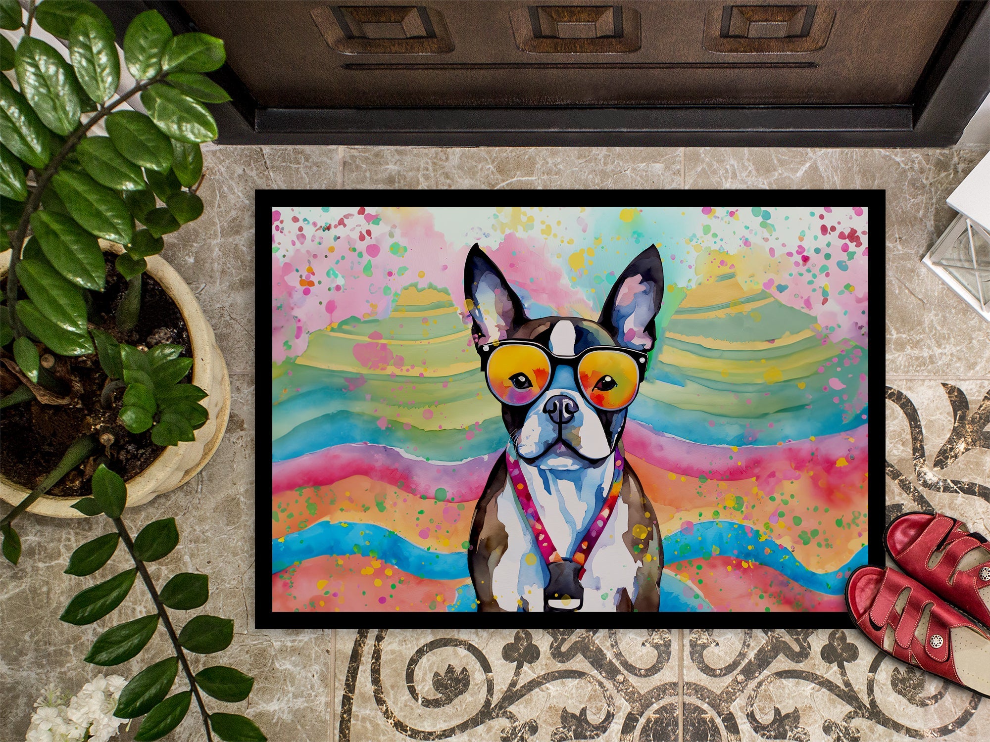 Boston Terrier Hippie Dawg Doormat Indoor Outdoor 24H X 36W Front Door Mat Rugs for Entryway, Non Slip Washable Low Pile,