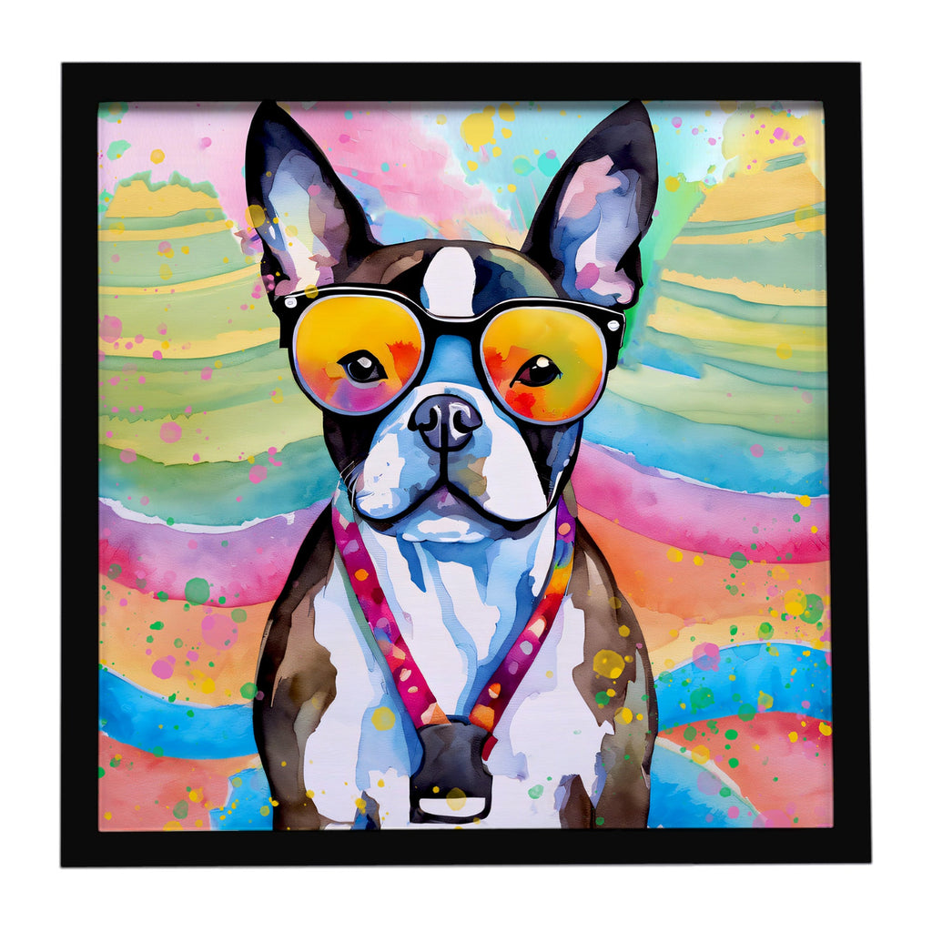 Boston Terrier Hippie Dawg Framed Metal Print Bathroom, Kitchen, Office, Home Decor Wall Art Ready to Hang, Square, 8X8