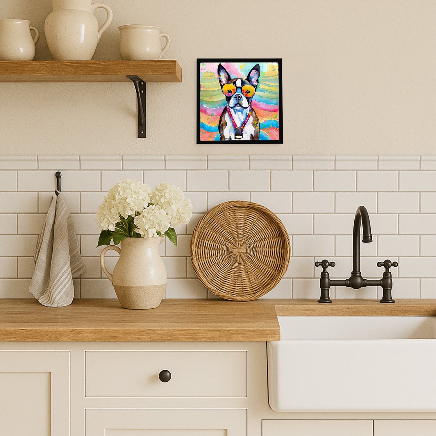 Boston Terrier Hippie Dawg Framed Metal Print Bathroom, Kitchen, Office, Home Decor Wall Art Ready to Hang, Square, 8X8