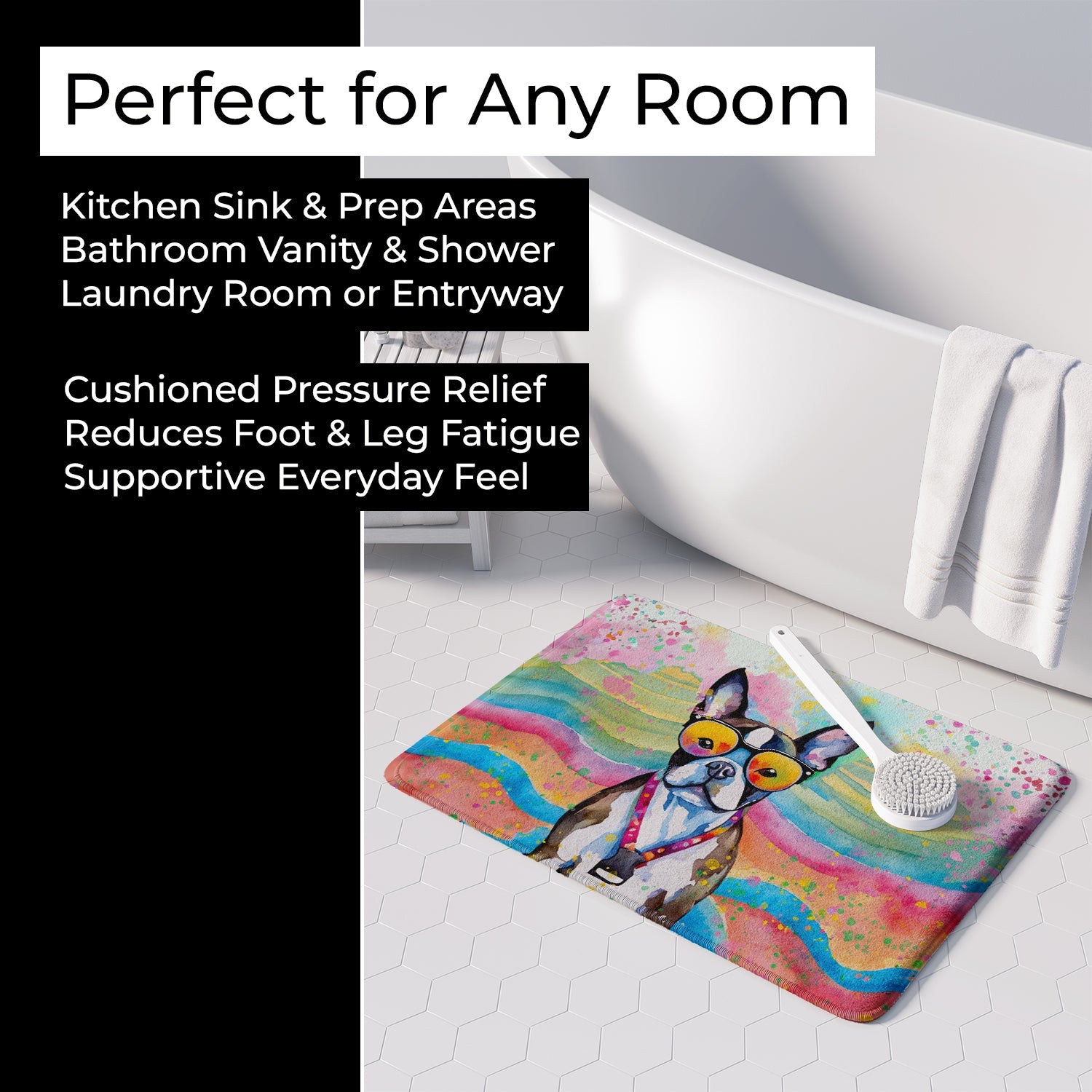 Boston Terrier Hippie Dawg Memory Foam Kitchen Mat Machine Washable Anti-Fatigue Cushion Comfort Bath or Kitchen Rug