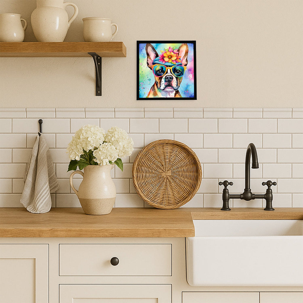 Boston Terrier Hippie Dawg Framed Metal Print Bathroom, Kitchen, Office, Home Decor Wall Art Ready to Hang, Square, 8X8