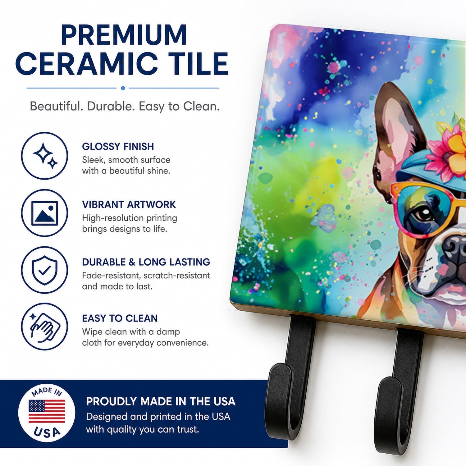 Boston Terrier Hippie Dawg Leash or Key Holder Wall Hooks, Coat Rack Wall Mount, for Hanging Keys, Towels, Aprons, Leashes