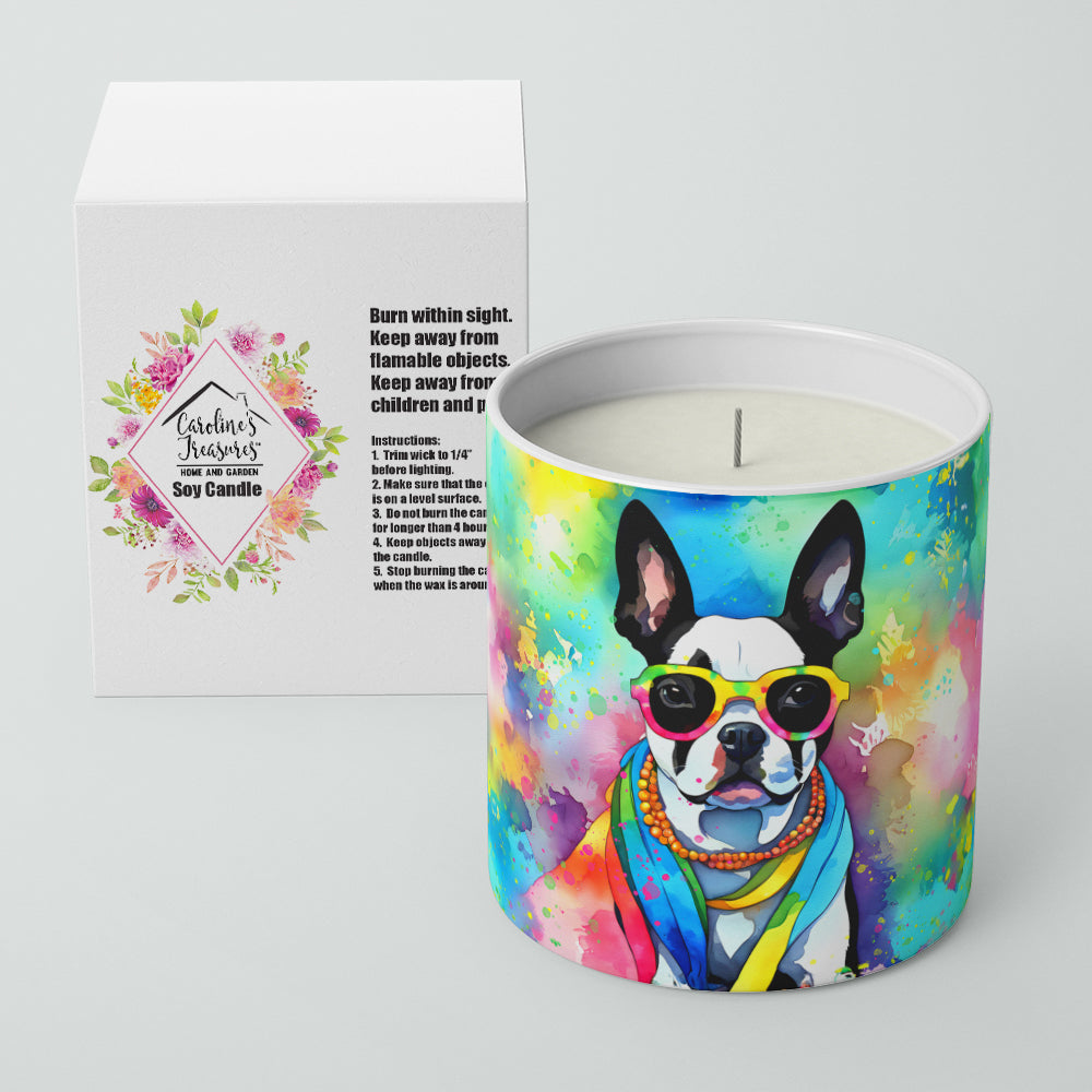 Boston Terrier Hippie Dawg Decorative Soy Candle Nature Soy Wax Essential Oil Home Decor Ideal for Bedroom Kitchen Bath Office Gift, 10 oz