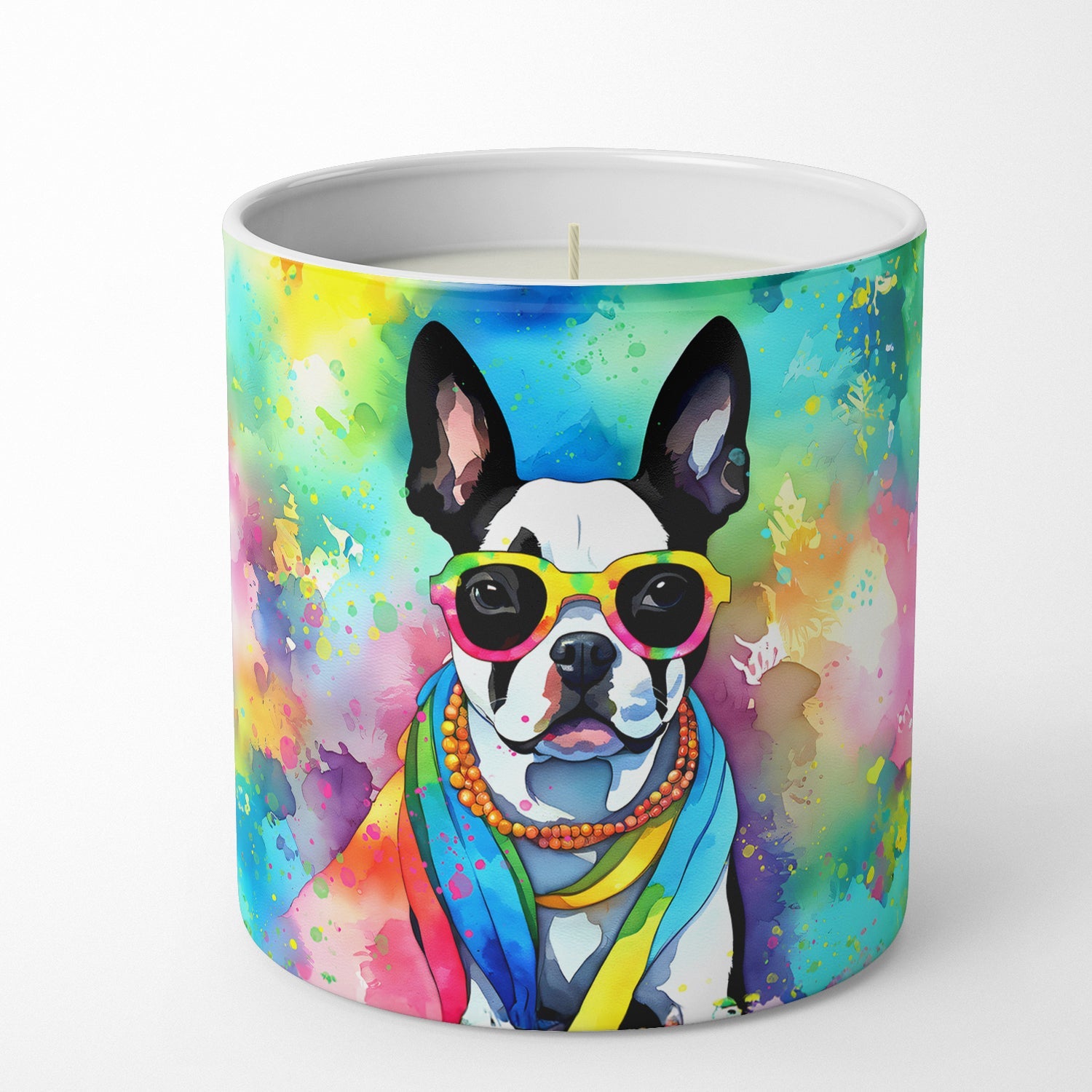 Boston Terrier Hippie Dawg Decorative Soy Candle Nature Soy Wax Essential Oil Home Decor Ideal for Bedroom Kitchen Bath Office Gift, 10 oz