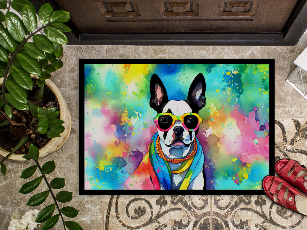 Boston Terrier Hippie Dawg Doormat Indoor Outdoor 18H X 27W Front Door Mat Rugs for Entryway, Non Slip Washable