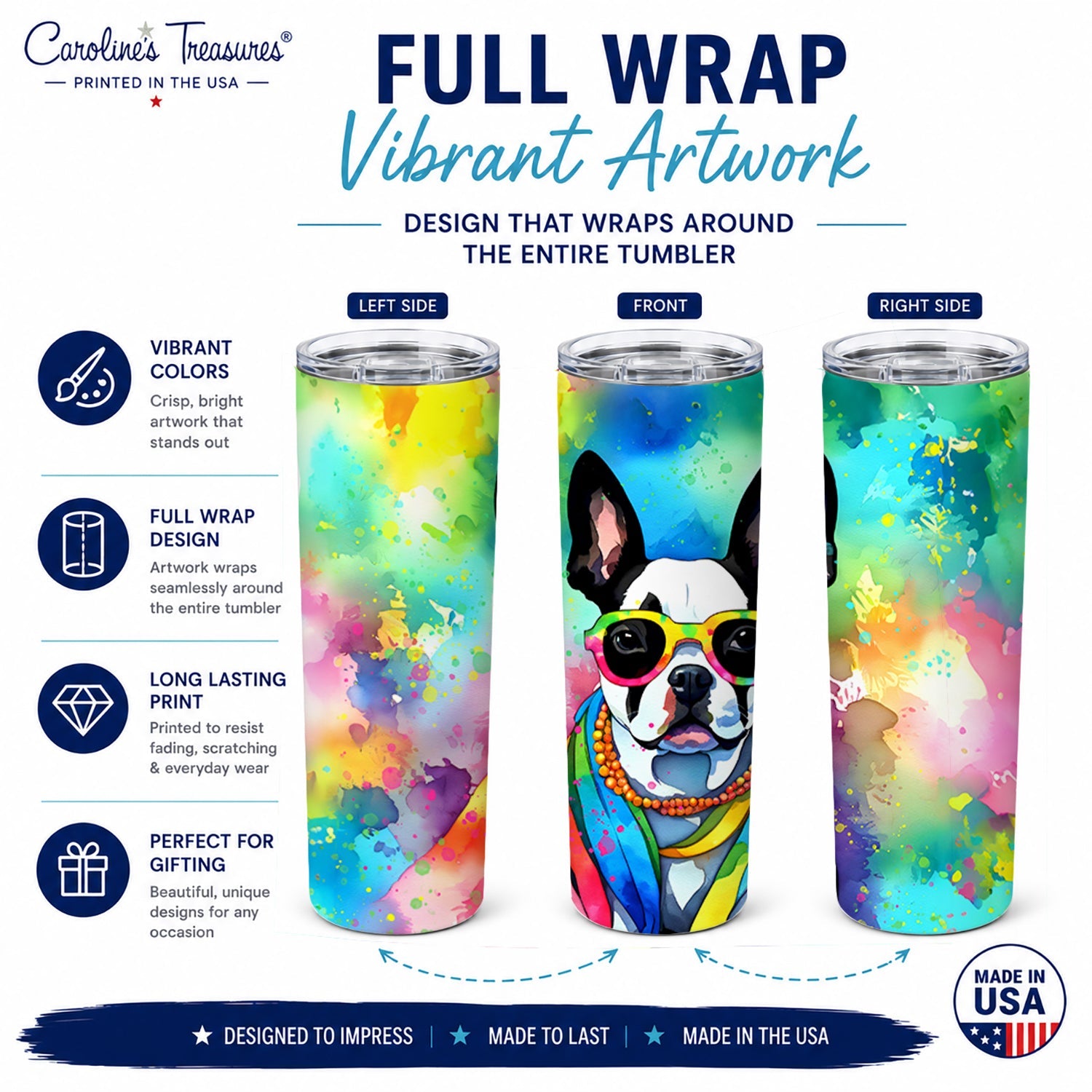 Boston Terrier Hippie Dawg Stainless Steel Skinny Tumbler 20 oz Vacuum Double Walled Reusable Insulated Travel Cup