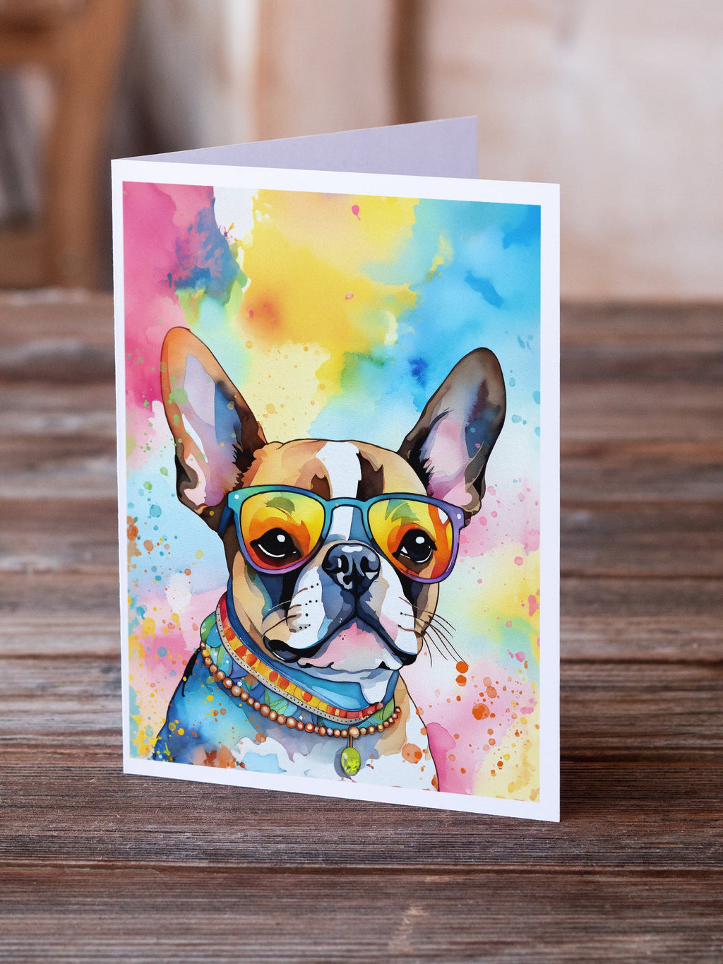 Boston Terrier Hippie Dawg Greeting Cards Pack of 8 Blank Cards with Envelopes Whimsical A7 Size 5x7