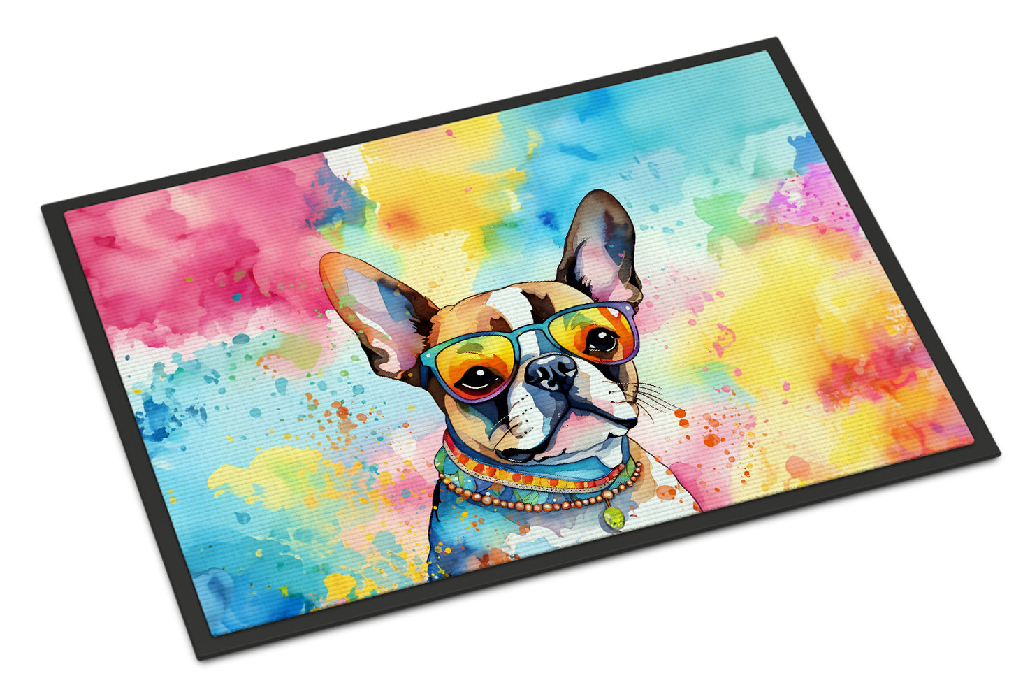 Boston Terrier Hippie Dawg Doormat Indoor Outdoor 18H X 27W Front Door Mat Rugs for Entryway, Non Slip Washable