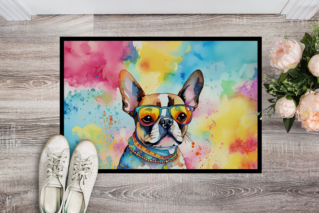 Boston Terrier Hippie Dawg Doormat Indoor Outdoor 18H X 27W Front Door Mat Rugs for Entryway, Non Slip Washable