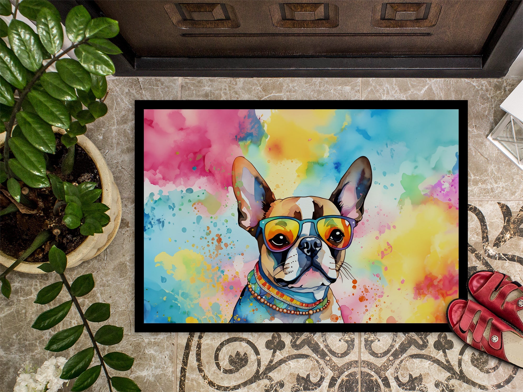 Boston Terrier Hippie Dawg Doormat Indoor Outdoor 18H X 27W Front Door Mat Rugs for Entryway, Non Slip Washable