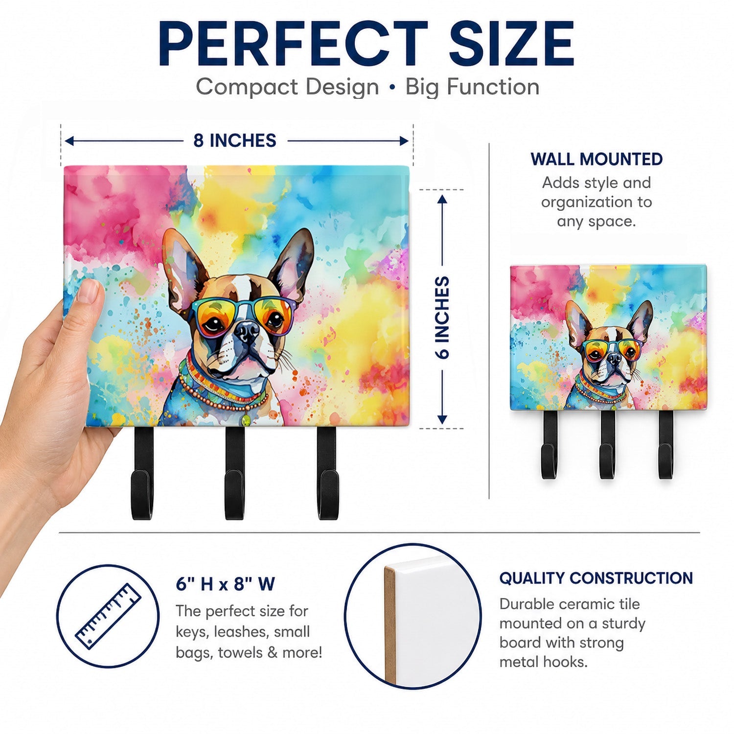 Boston Terrier Hippie Dawg Leash or Key Holder Wall Hooks, Coat Rack Wall Mount, for Hanging Keys, Towels, Aprons, Leashes