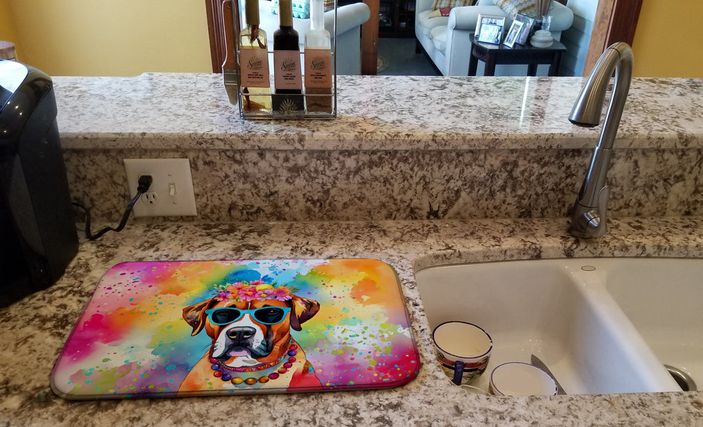 Boxer Hippie Dawg Dish Drying Mat Absorbent Dish Drying Mat Pad for Kitchen Counter Dish Drainer Mat for Countertop, 14 x 21", Multicolor