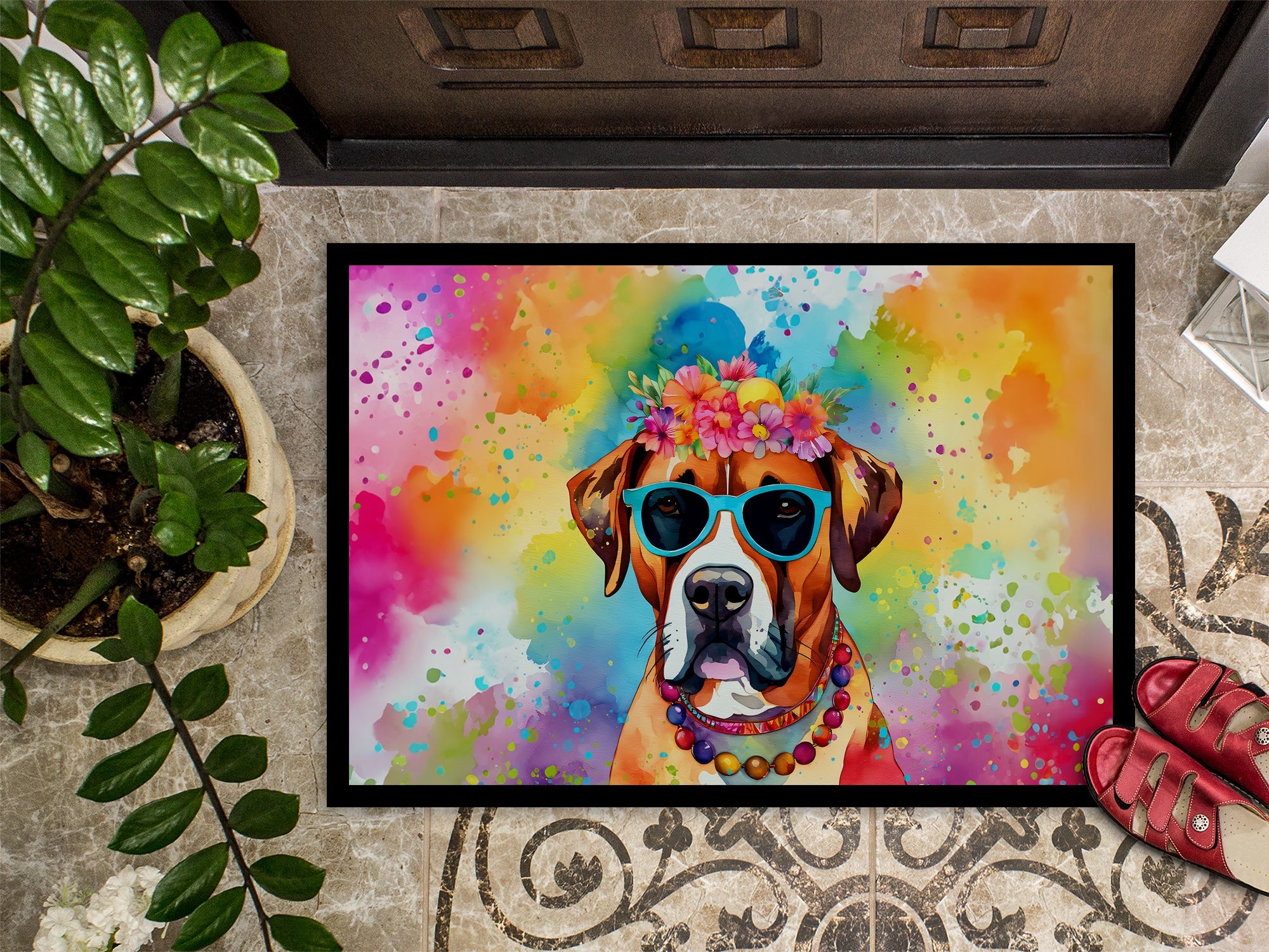 Boxer Hippie Dawg Doormat Indoor Outdoor 24H X 36W Front Door Mat Rugs for Entryway, Non Slip Washable Low Pile,