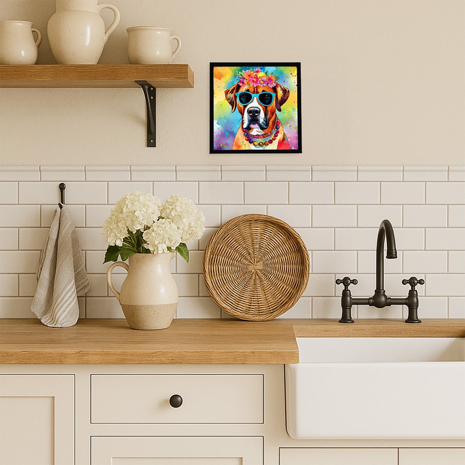 Boxer Hippie Dawg Framed Metal Print Bathroom, Kitchen, Office, Home Decor Wall Art Ready to Hang, Square, 8X8