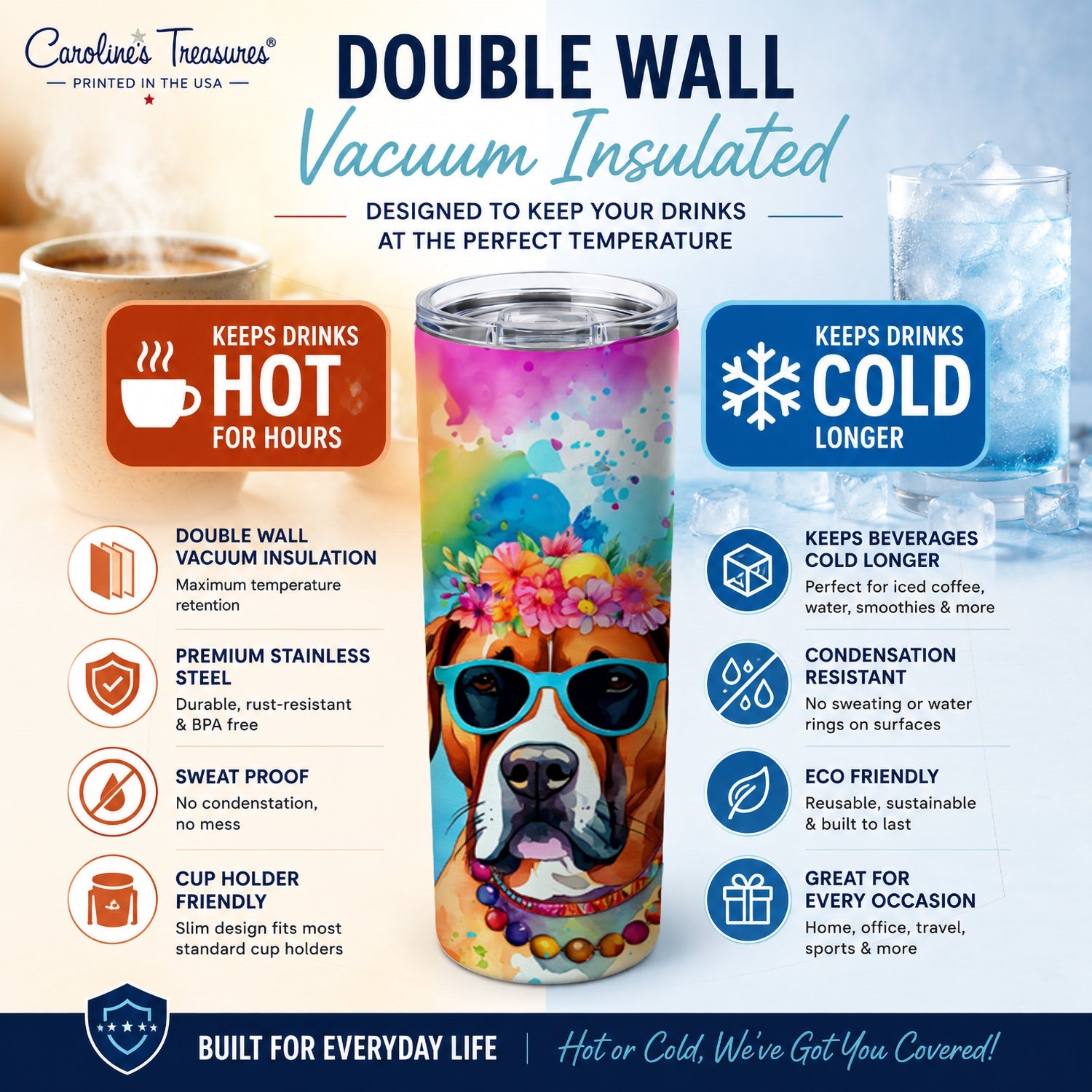 Boxer Hippie Dawg Stainless Steel Skinny Tumbler 20 oz Vacuum Double Walled Reusable Insulated Travel Cup