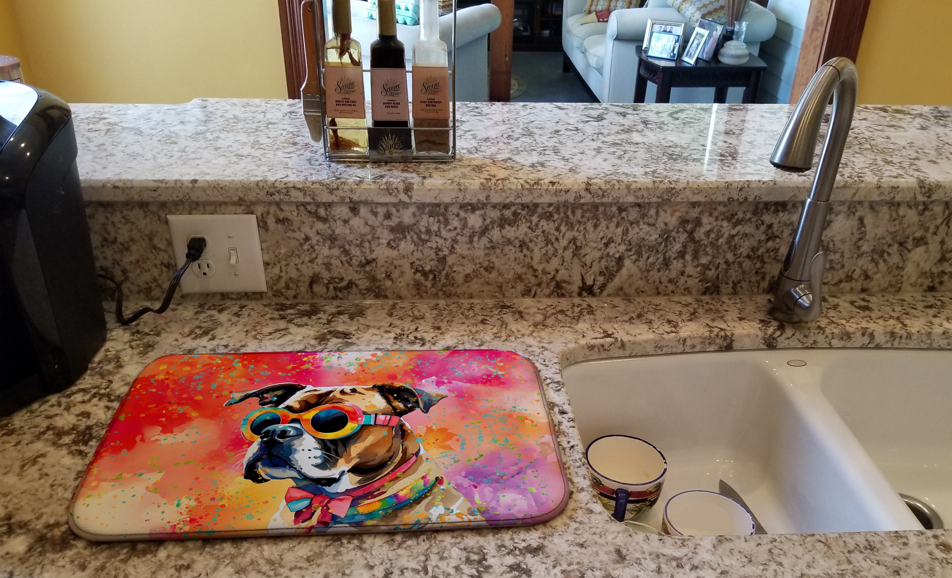 Boxer Hippie Dawg Dish Drying Mat Absorbent Dish Drying Mat Pad for Kitchen Counter Dish Drainer Mat for Countertop, 14 x 21", Multicolor