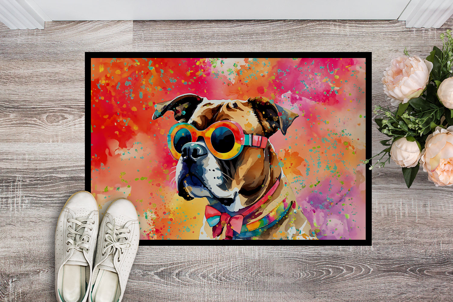 Boxer Hippie Dawg Doormat Indoor Outdoor 18H X 27W Front Door Mat Rugs for Entryway, Non Slip Washable
