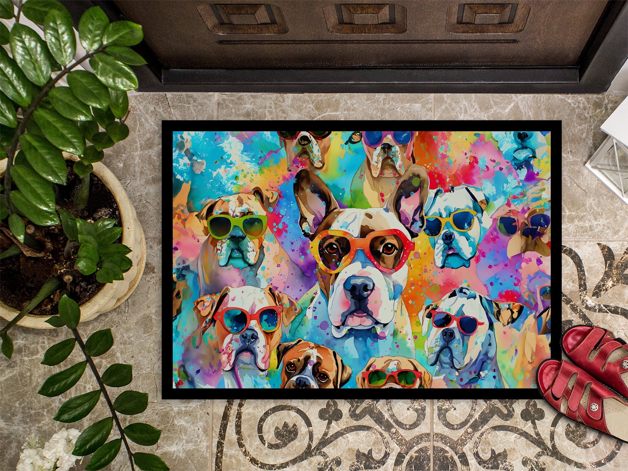 Boxer Hippie Dawg Doormat Indoor Outdoor 24H X 36W Front Door Mat Rugs for Entryway, Non Slip Washable Low Pile,