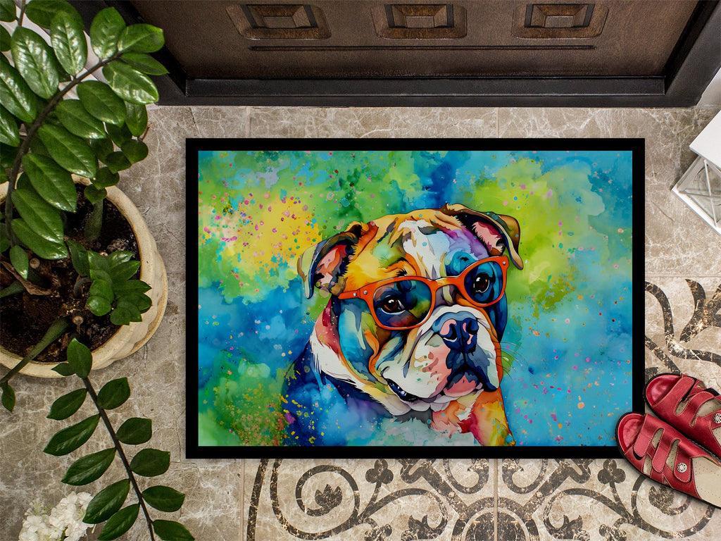 English Bulldog Hippie Dawg Doormat Indoor Outdoor 24H X 36W Front Door Mat Rugs for Entryway, Non Slip Washable Low Pile,