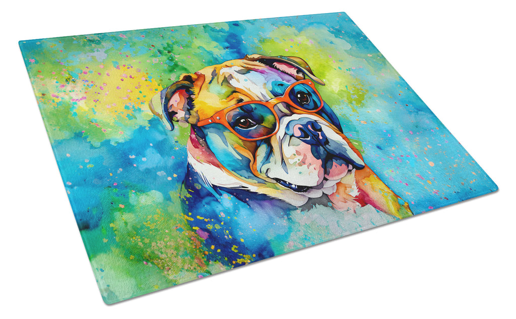 English Bulldog Hippie Dawg Cutting Board Tempered Glass Kitchen Cutting Surface, Heat Resistant Chopping, Non-Slip Feet, Food Prep & Serving
