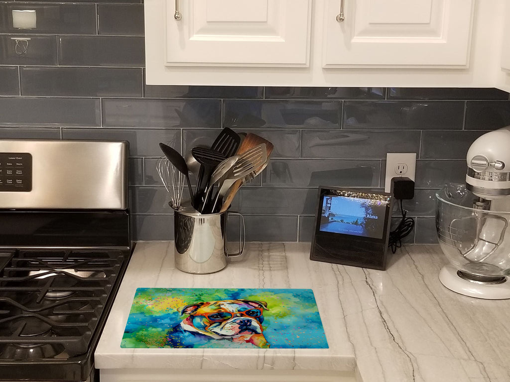 English Bulldog Hippie Dawg Cutting Board Tempered Glass Kitchen Cutting Surface, Heat Resistant Chopping, Non-Slip Feet, Food Prep & Serving