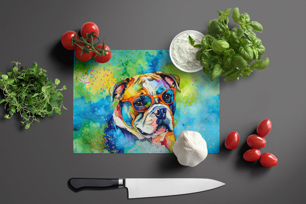 English Bulldog Hippie Dawg Cutting Board Tempered Glass Kitchen Cutting Surface, Heat Resistant Chopping, Non-Slip Feet, Food Prep & Serving