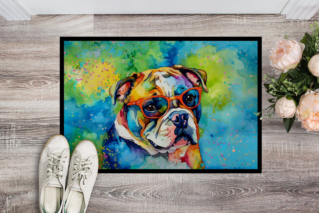 English Bulldog Hippie Dawg Doormat Indoor Outdoor 18H X 27W Front Door Mat Rugs for Entryway, Non Slip Washable