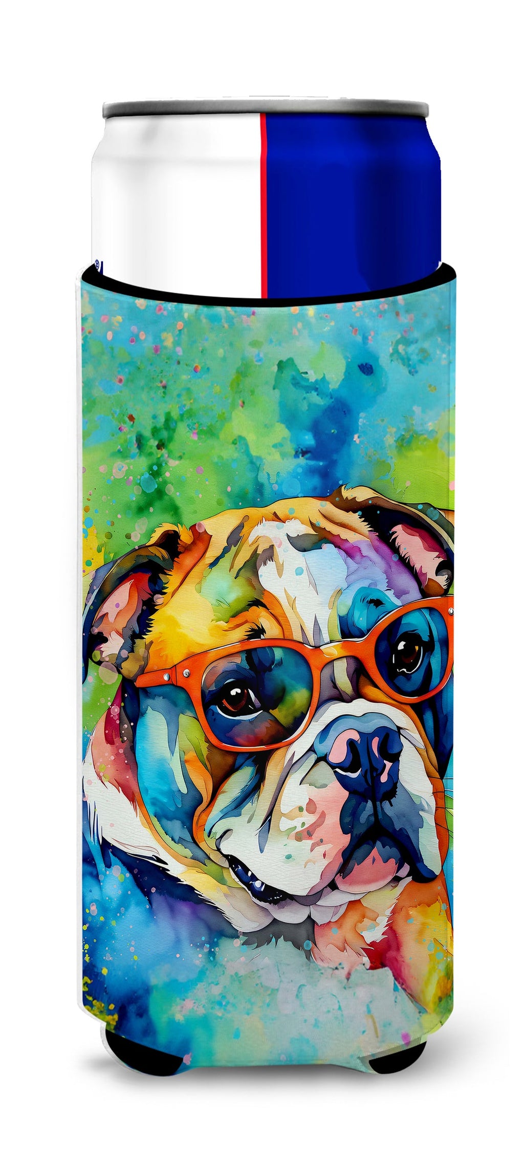 English Bulldog Hippie Dawg Slim Can Hugger , Insulated Foam Hugger for 12 oz Slim Cans, Beer Bottles & Water Bottles, Printed in USA