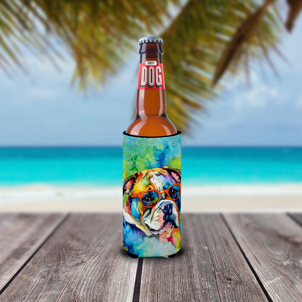 English Bulldog Hippie Dawg Slim Can Hugger , Insulated Foam Hugger for 12 oz Slim Cans, Beer Bottles & Water Bottles, Printed in USA