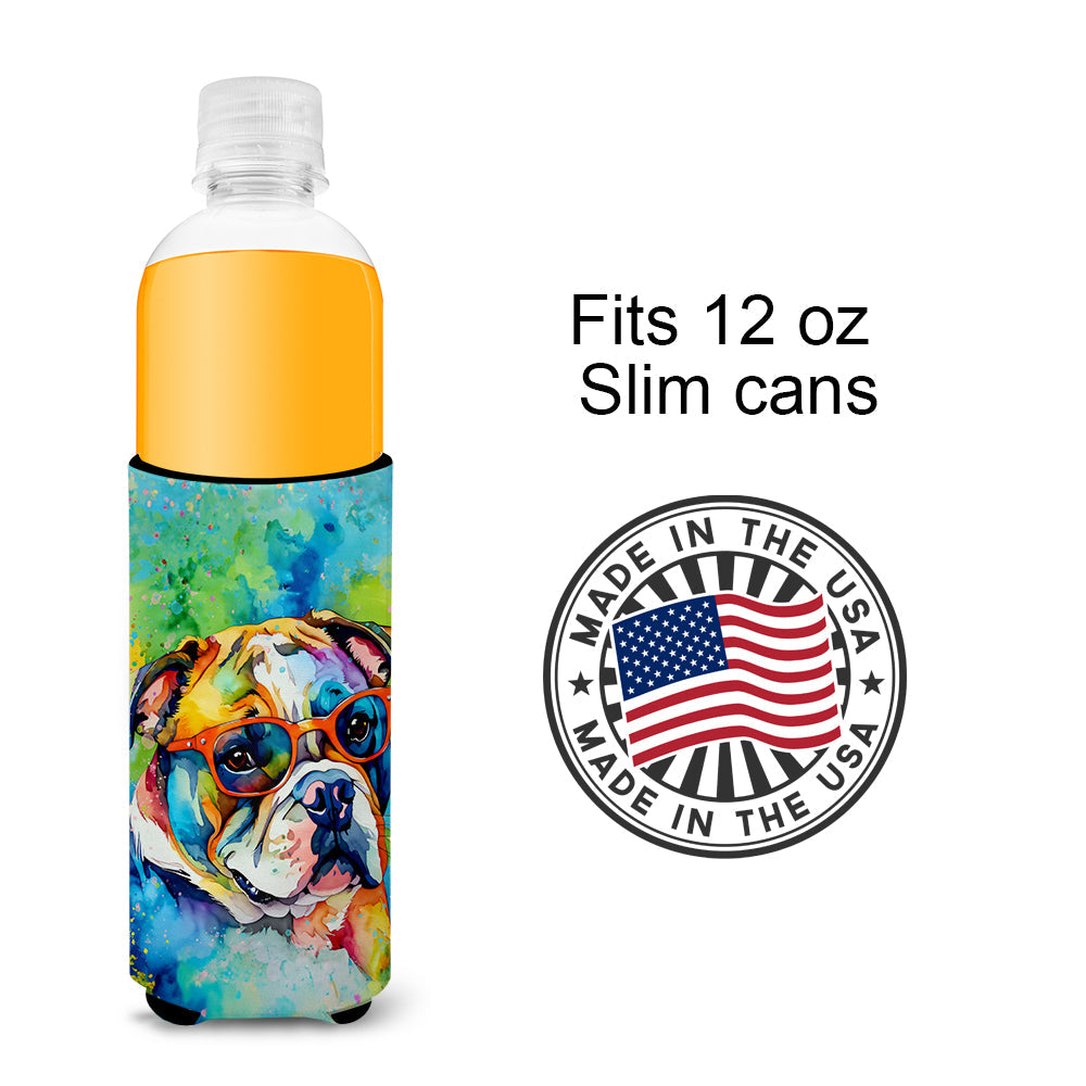 English Bulldog Hippie Dawg Slim Can Hugger , Insulated Foam Hugger for 12 oz Slim Cans, Beer Bottles & Water Bottles, Printed in USA