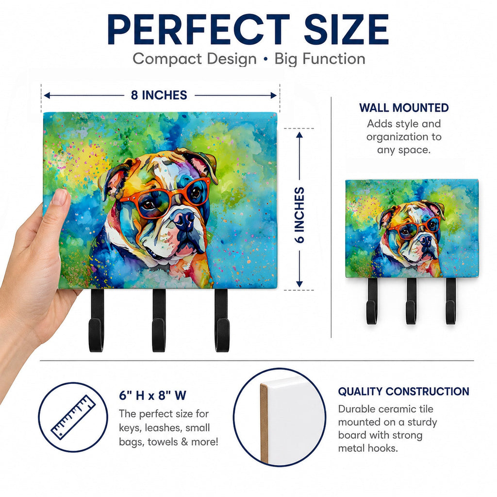English Bulldog Hippie Dawg Leash or Key Holder Wall Hooks, Coat Rack Wall Mount, for Hanging Keys, Towels, Aprons, Leashes
